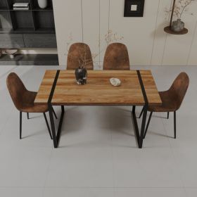 59" MDF natural wood dining table and modern dining chair set of 4 pieces, medieval wooden kitchen dining table set, black rectangular metal base