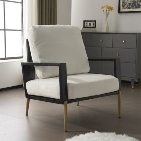 Modern Low Back White Upholstered Accent Armchair with Gold Metal Legs & Rubberwood Frame, Chic Wide Armrest Minimalist Lounge Chair with Pillow