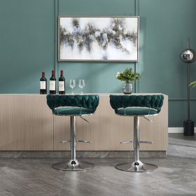 Set of 2 Bar Stools,with Chrome Footrest and Base Swivel Height Adjustable Mechanical Lifting Velvet + Chrome Leg Simple Bar Stool-GREEN